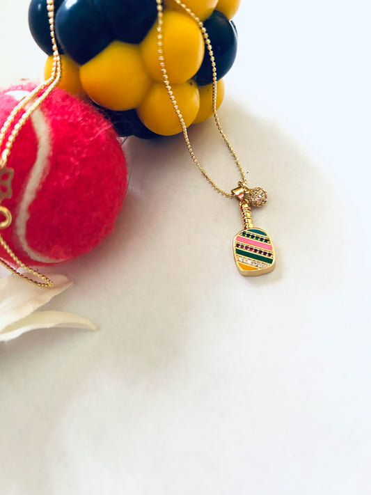 Pickle Ball Necklace 24K Gold Filled Multicolored Micro Pave CZ Paddle with Ball Charms Trendy Sports Themed Dainty Jewelry Gift for Her