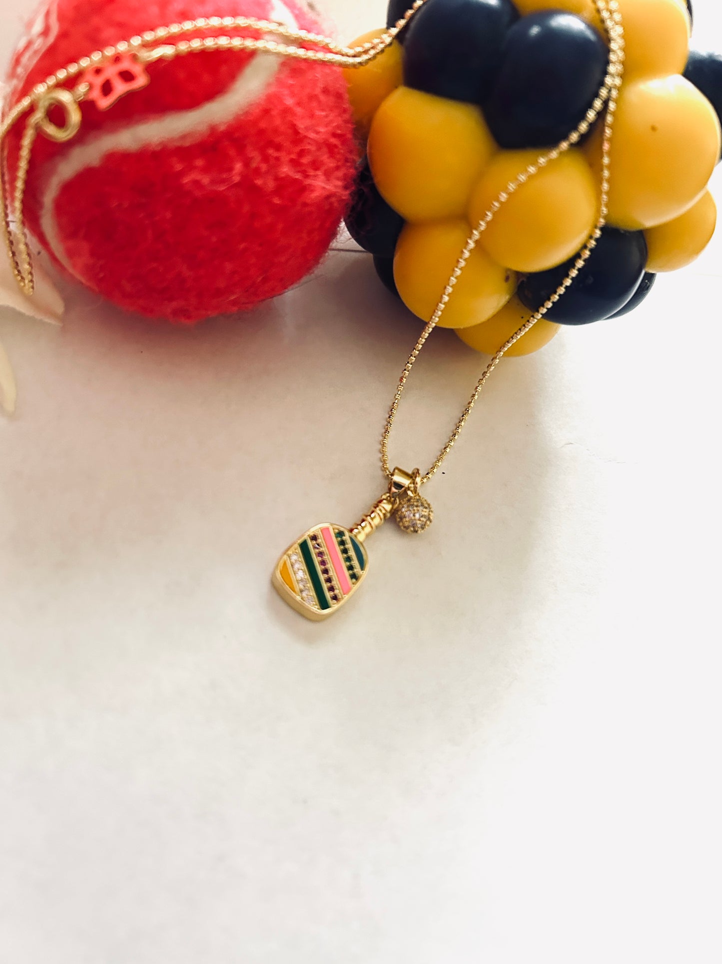 Pickle Ball Necklace 24K Gold Filled Multicolored Micro Pave CZ Paddle with Ball Charms Trendy Sports Themed Dainty Jewelry Gift for Her