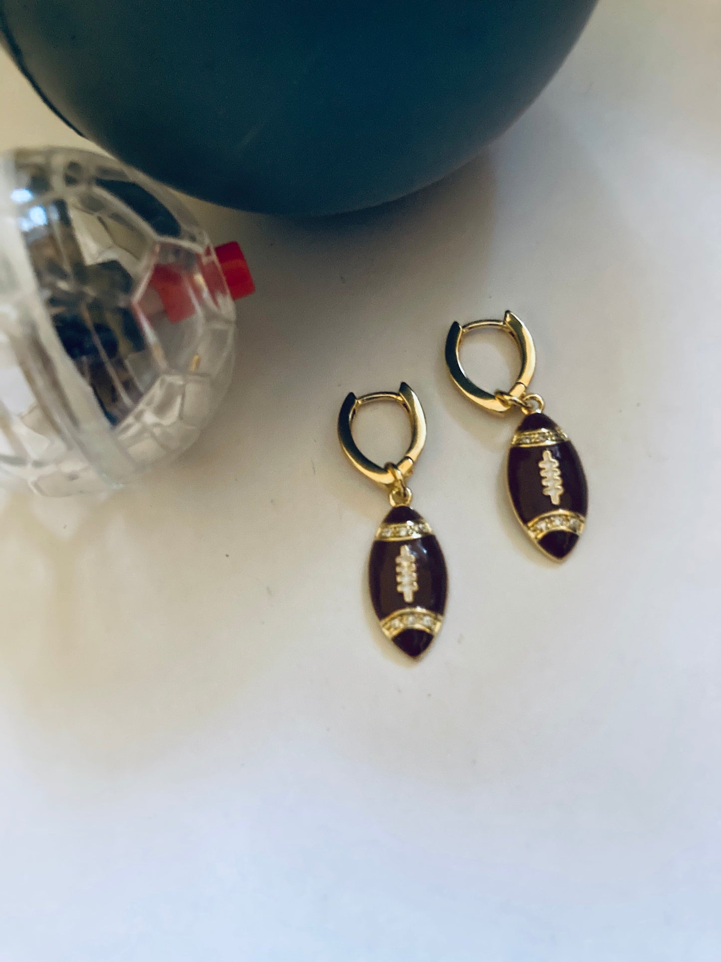 Football Earrings 8K Gold Filled Enamel CZ Crystal Sparkly Sports Theme Geometric V Huggies Fun Small Football Shaped Hoops Fan Team Gift