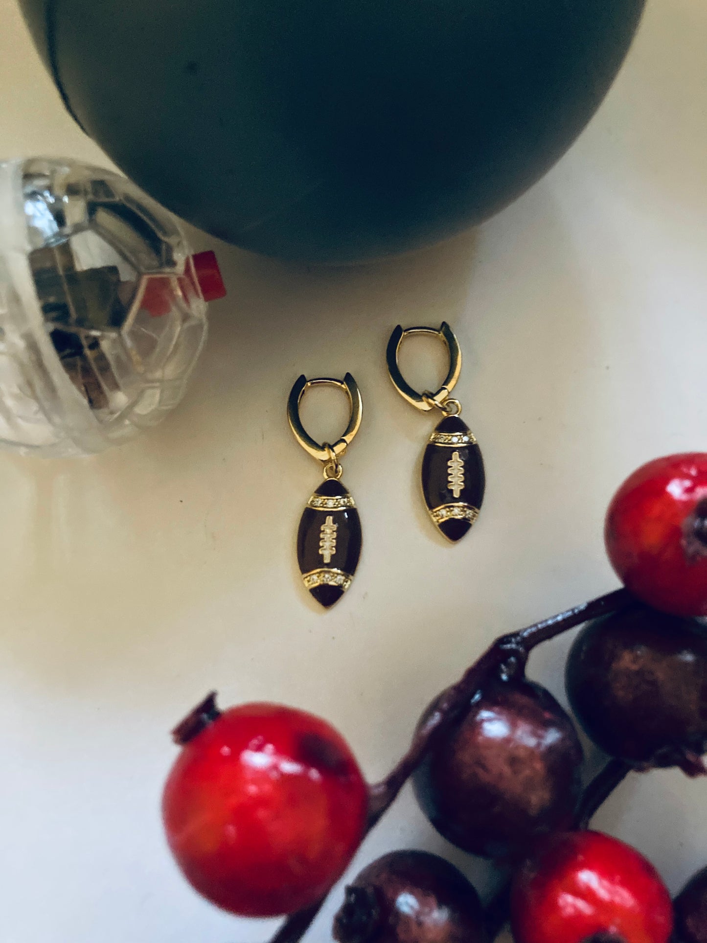 Football Earrings 8K Gold Filled Enamel CZ Crystal Sparkly Sports Theme Geometric V Huggies Fun Small Football Shaped Hoops Fan Team Gift