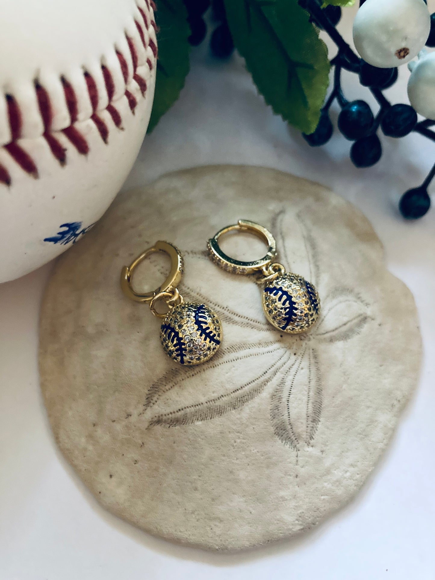 Baseball Earrings 8K Gold Filled Micro Pave CZ Crystal Sparkly Dainty Sports Themed Huggies Hoops Baseball Season Fun Jewelry Fan Gift