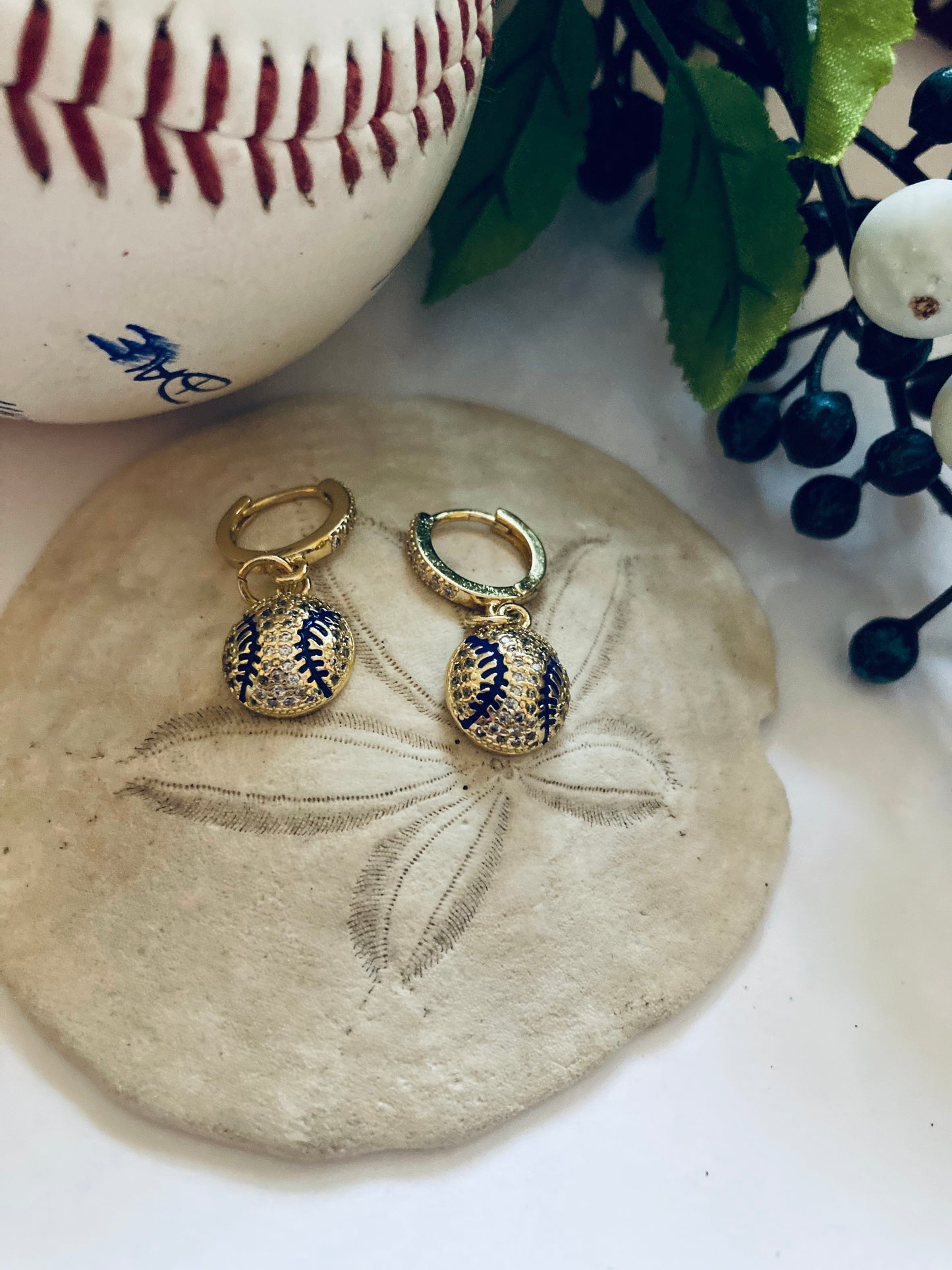 Baseball Earrings 8K Gold Filled Micro Pave CZ Crystal Sparkly Dainty Sports Themed Huggies Hoops Baseball Season Fun Jewelry Fan Gift