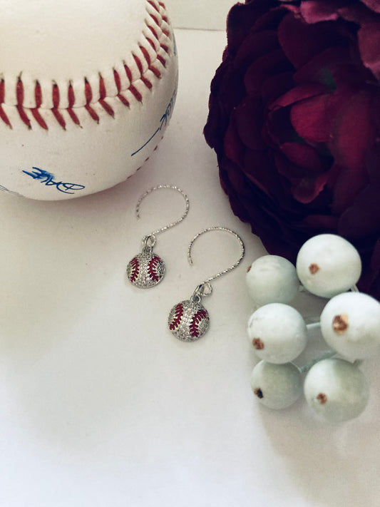 Baseball Earrings Sterling Silver With Micro Pave CZ Crystals and Red Enamel Sparkly Cute Sports Themed Jewelry Spring Summer Fan Gift